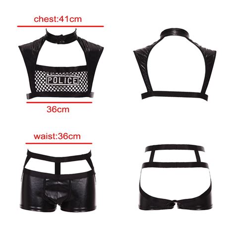 jsy male sexy police costume black latex mesh sexy lingerie hot erotic cop uniform police role