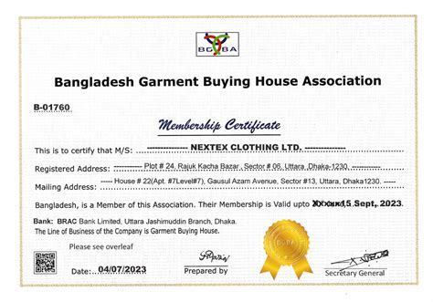 Company Certificates Nextex Clothing Limited