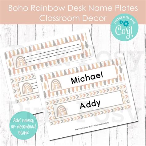 Editable Desk Name Plates Rainbow Desk Name Tag Boho Labels Etsy