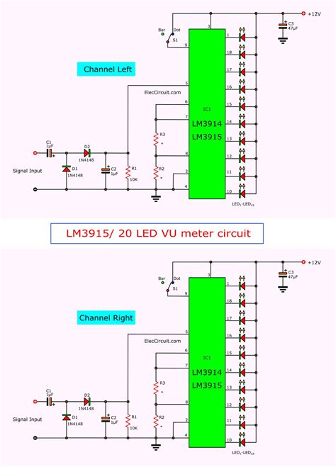 The schema is intended for those who want a vu meter that is connected directly to the output of an power amplifier. Electronic VU meter by LM3914 and LM3915