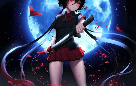 Wallpaper Girl Night Smile Weapons The Moon Katana Anime Art