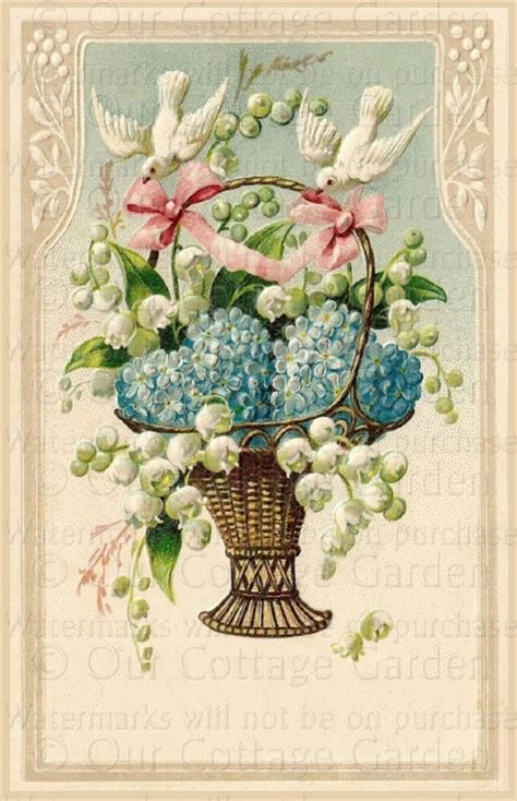 Victorian PostCard Basket of FMNs & LOV w DOVES | Our Cottage Garden