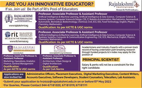 Faculty Recruitment 2022 At Rajalakshmi Institutions Chennai Facultyplus
