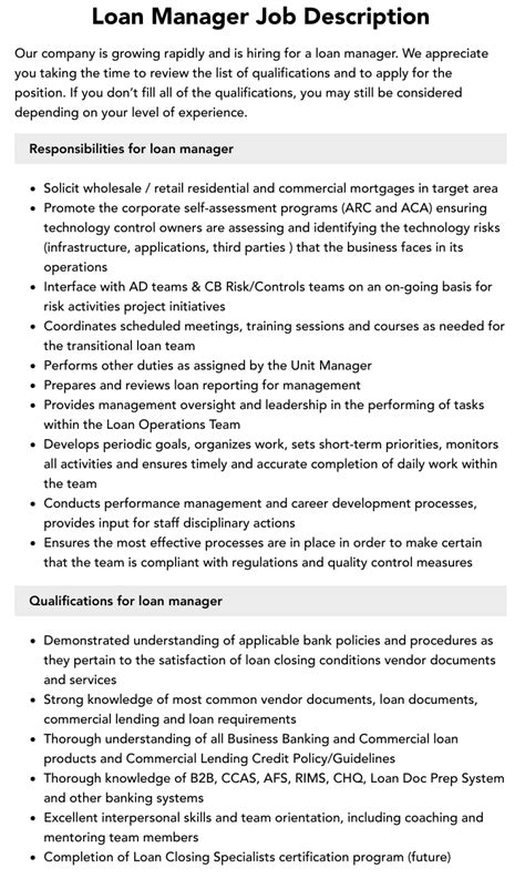 Loan Manager Job Description Velvet Jobs