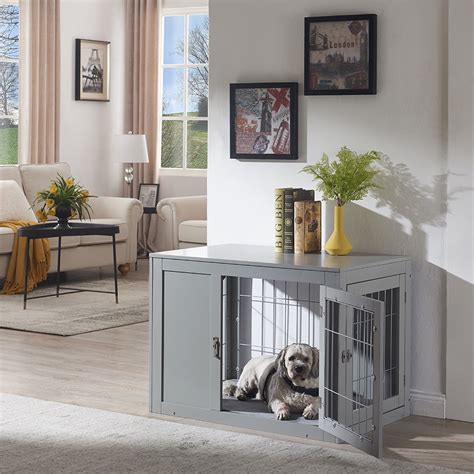 Unipaws Dog Crate End Table With Cushion Wooden Wire Pet Kennels With