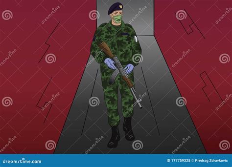 A Soldier Between Buildings With A Mask On His Face Stock Illustration