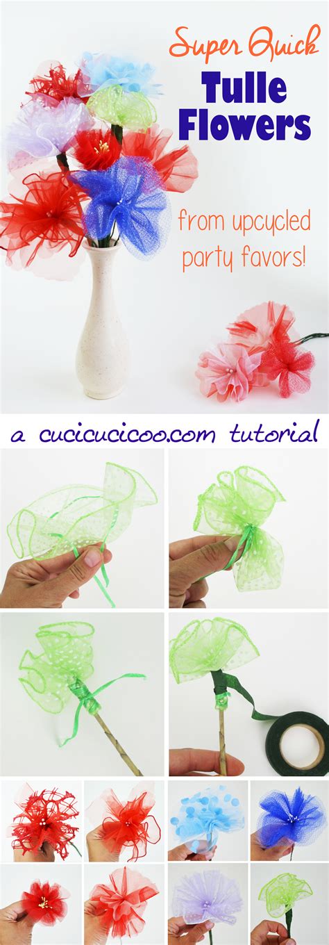All you need to do is drape fairy lights over a curtain rod and then cover with tulle. Super quick upcycled DIY tulle flowers - Cucicucicoo