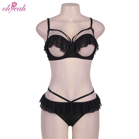High Quality Black Ruffle Temptation Open Cup Sexy Bra And Panty Set Buy Sexy Bra And Panty