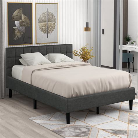 Clearance Queen Bed Frame With Headboard Modern Fabric Upholstered