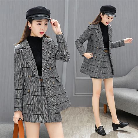 Korean Fashion Plaid Suit Women S Spring And Autumn New Slim Suit Jacket Mini Skirt Fashion