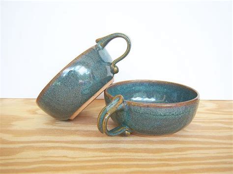 Stoneware Pottery Bowls One Handle Soup Bowls In Sea Mist Glaze Set