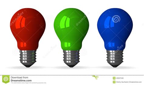 ï¿ï¿red Green And Blue Tungsten Light Bulbs Front View Stock