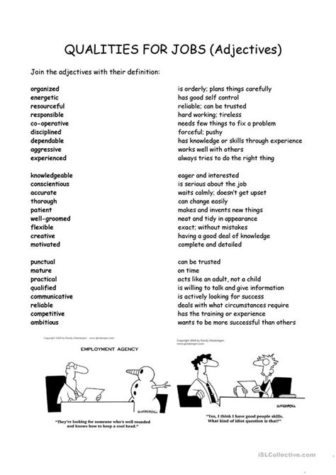 Listing skills on a resume is one thing. Adjectives for jobs worksheet - Free ESL printable ...
