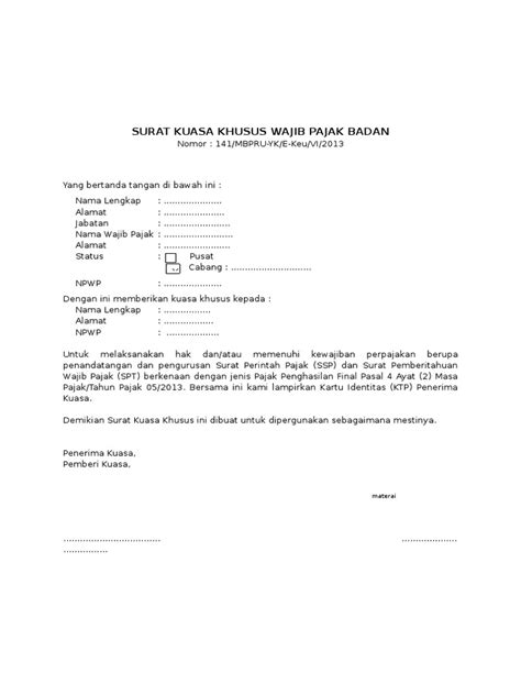 So please help us by uploading 1 new document or like us to download Contoh Surat Kuasa Khusus Wajib Pajak Badan