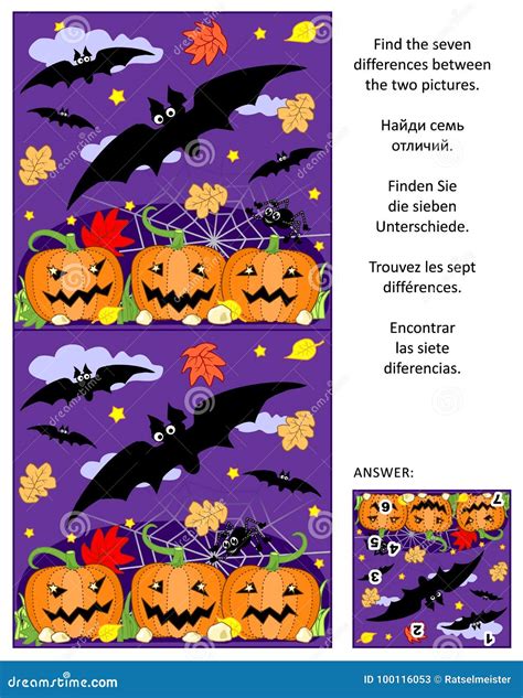 Halloween Find The Differences Picture Puzzle With Flying Bats Pumpkin