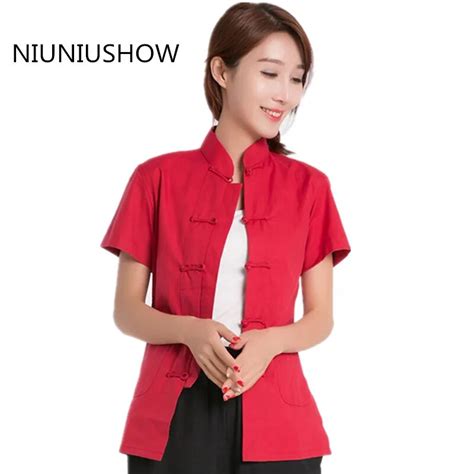 new red chinese style mandarin collar ladies shirt cotton linen solid women blouse high quality
