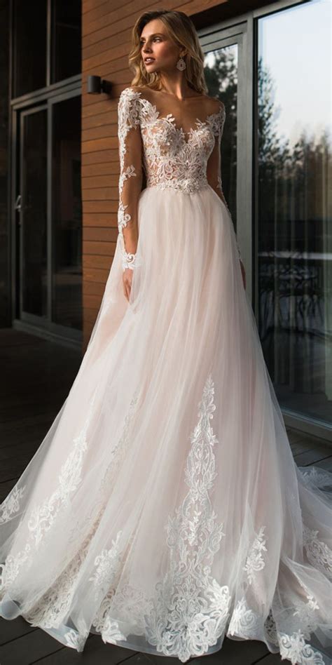 stunning tulle jewel neckline a line wedding dresses with beaded lace appliques wedding