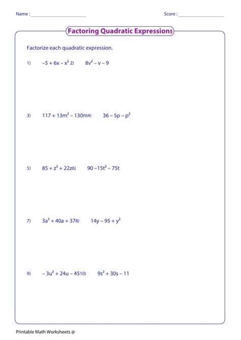 Factoring Quadratic Expressions Worksheet Printable Pdf Download