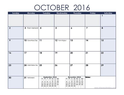 October 2016 Calendar Printable With Holidays Templates Free Printable