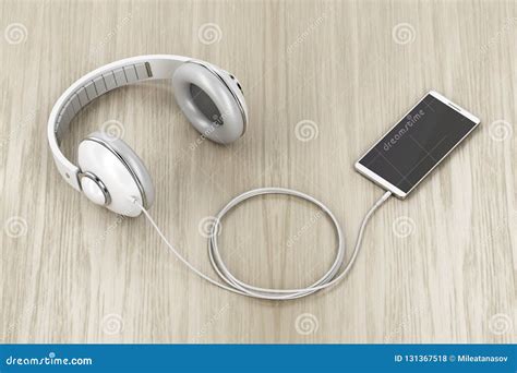 Big White Headphones And Smartphone On Wood Table Stock Illustration