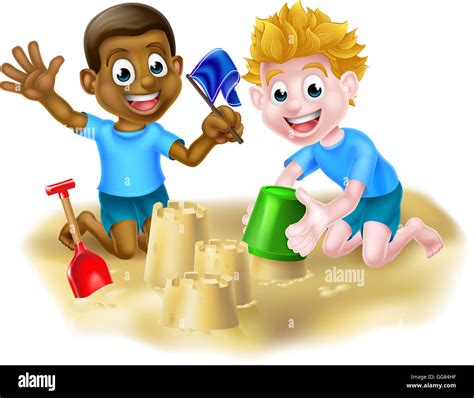 Cartoon Black And White Boy Kids Friends Playing In The Sand With A