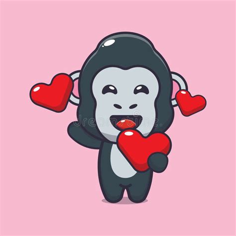 Cute Gorilla Cartoon Character Holding Love Heart At Valentine S Day Stock Vector