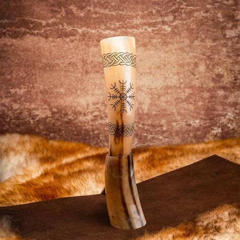 Viking Drinking Horn With Helm Of Awe Engravings And Stand Viking