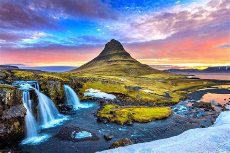 Kirkjufell Landscape On A Beautiful Sunny Summer Day Aerial View Stock