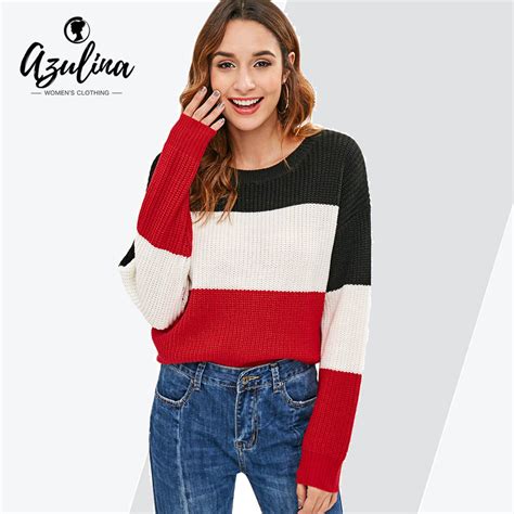 azulina pullover sweater women color block striped sweaters winter o neck long sweaters