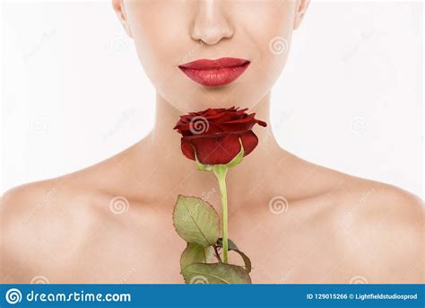 Cropped View Of Naked Woman With Red Lips Holding Red Rose