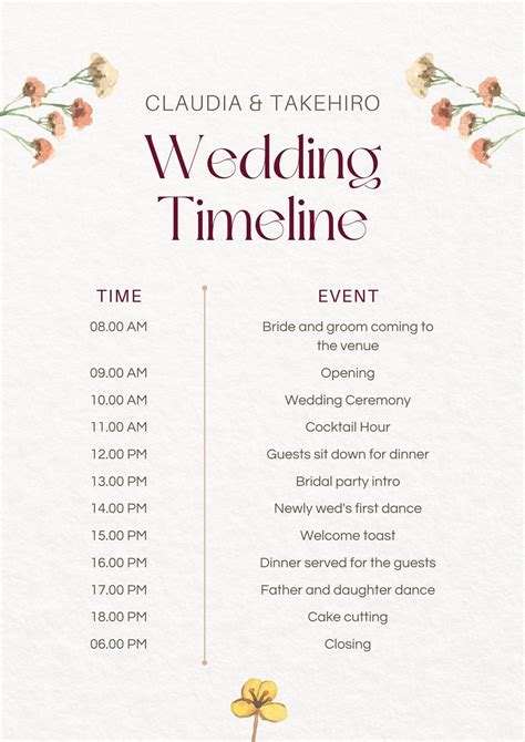 Wedding Itinerary Template For Bridal Party