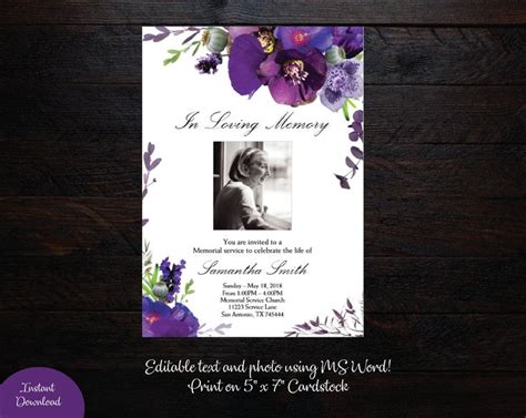 Violet Purple Florals Photo Funeral Announcement Celebration Etsy In
