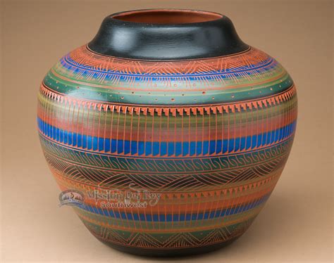 American Indian Navajo Etched Pottery Vase 8x 7 127 Mission Del