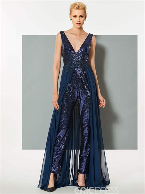 Ericdress Sheath V Neck Sequin Prom Jumpsuit With Train Evening