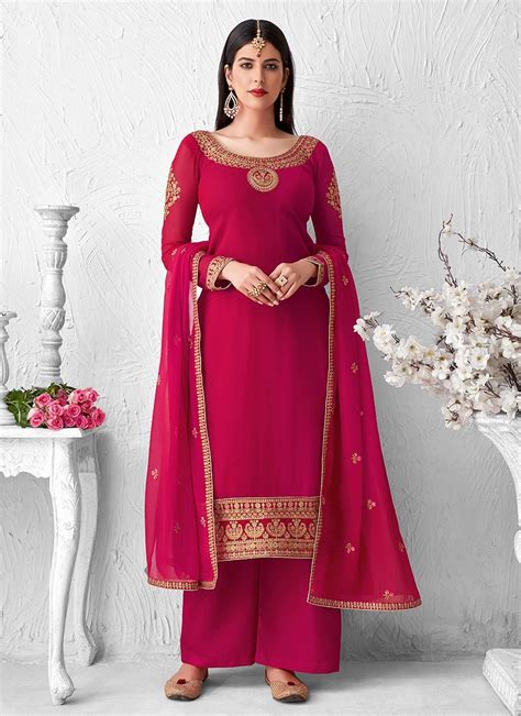 Pink Embroidered Work Palazzo Suit Indian Heavy Anarkali Lehenga Gowns Sharara Sarees