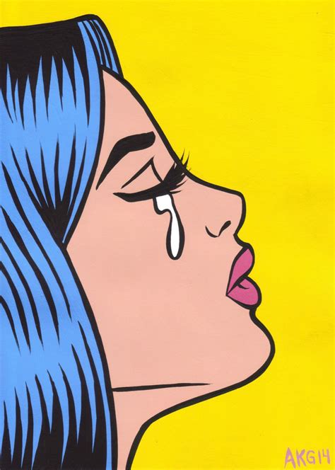 Blue Hair Comic Crying Girl Original Painting Pop Art