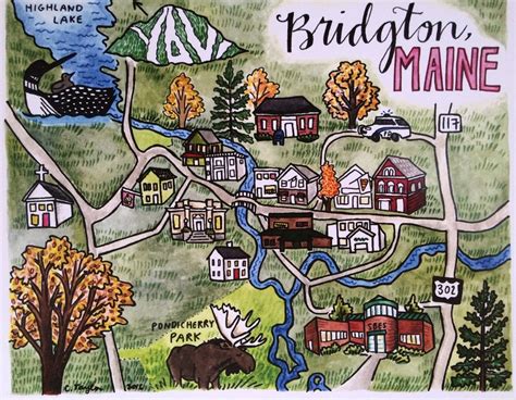 Bridgton Maine Illustrated Map Print 8 X 10 Inches Etsy