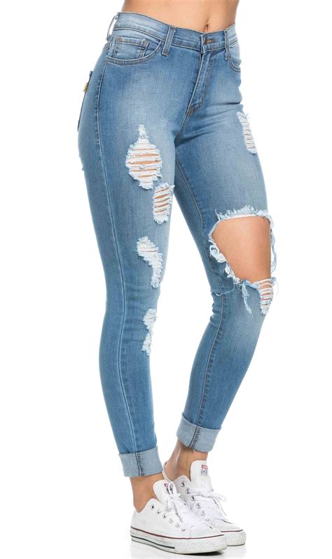 Skinny Light Blue Ripped High Waisted Jeans For Girls Trend Fashion
