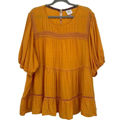 Knox Rose Plus Size 3X Boho Top Baby Doll Short Sleeve Mustard Yellow
