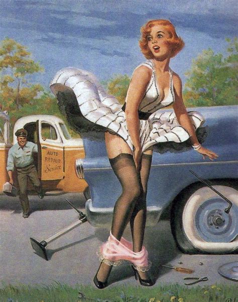 Vintage Pinup Girl Damsel In Distress Car Troubles Art Print X Inches Etsy