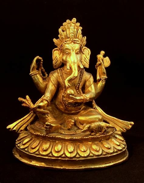 Gold Tibetan Buddhist Ganesha Elephant Deity Statue White Conch