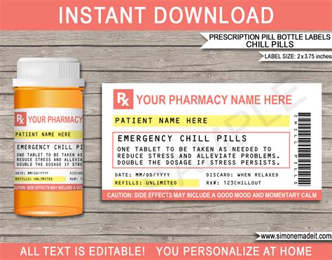 Free collection of 30+ printable prescription labels. Free Printable Prescription Labels Joke / Chill Pills Printable Label Funny Gift INSTANT ...