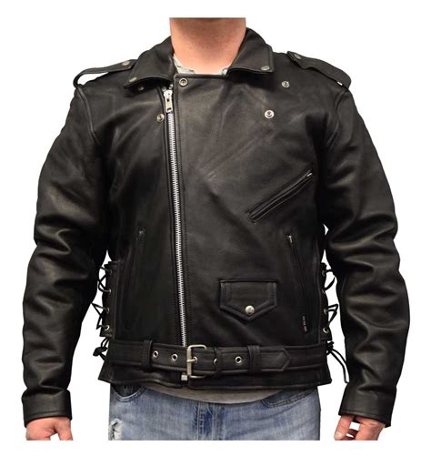 Redline Mens Classic Biker Style Side Lace Leather Motorcycle Jacket M