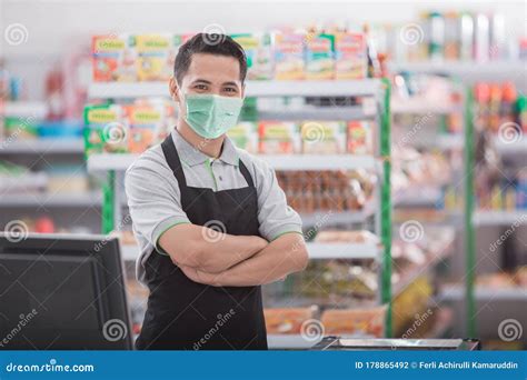 Happy Asian Male Shopkeeper Stock Photo Image Of Masks Food 178865492