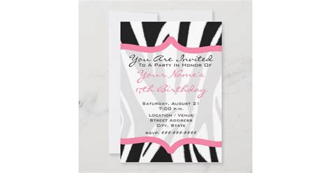 zebra print and pink birthday party invite zazzle