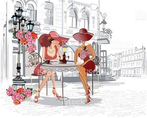 fashion girls in the street cafe royalty free stock vector art paris illustration paris art art