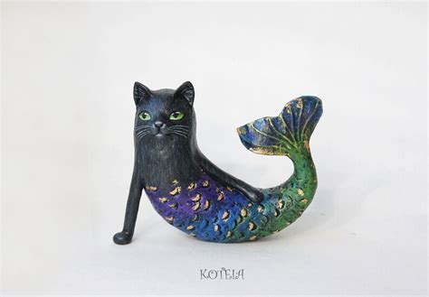 Mermaid Cat Figurine Halloween Mercat Sculpture Paper Etsy