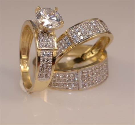 Diamond His Her Wedding 14k Yellow Gold Fn Trio Bridal Band Engagement Ring Set T Wedding