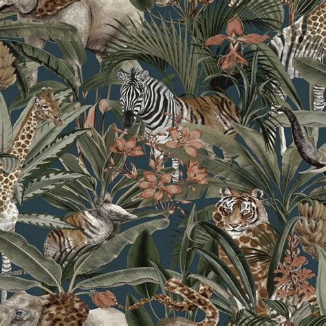 Holden Safari Animal Fusion Jungle Floral Palm Wallpaper Navy 13012