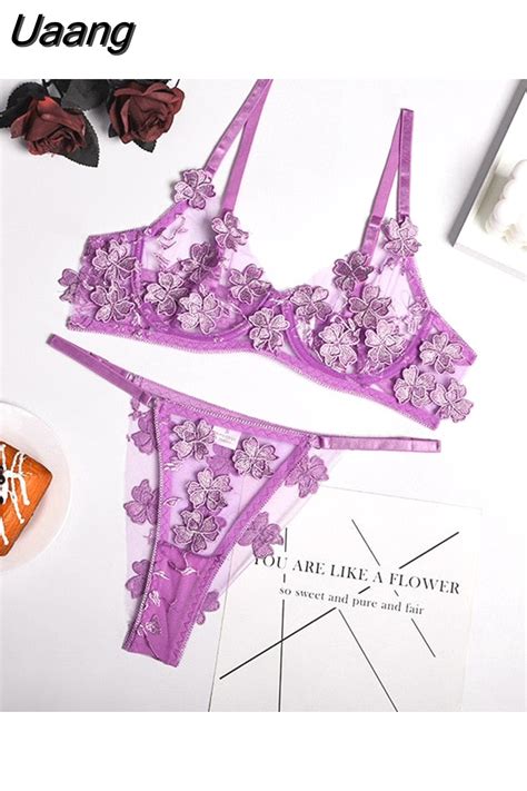 uaang sensual lingerie set women 3d flower embroidery underwear set ladies sexy lace intimate